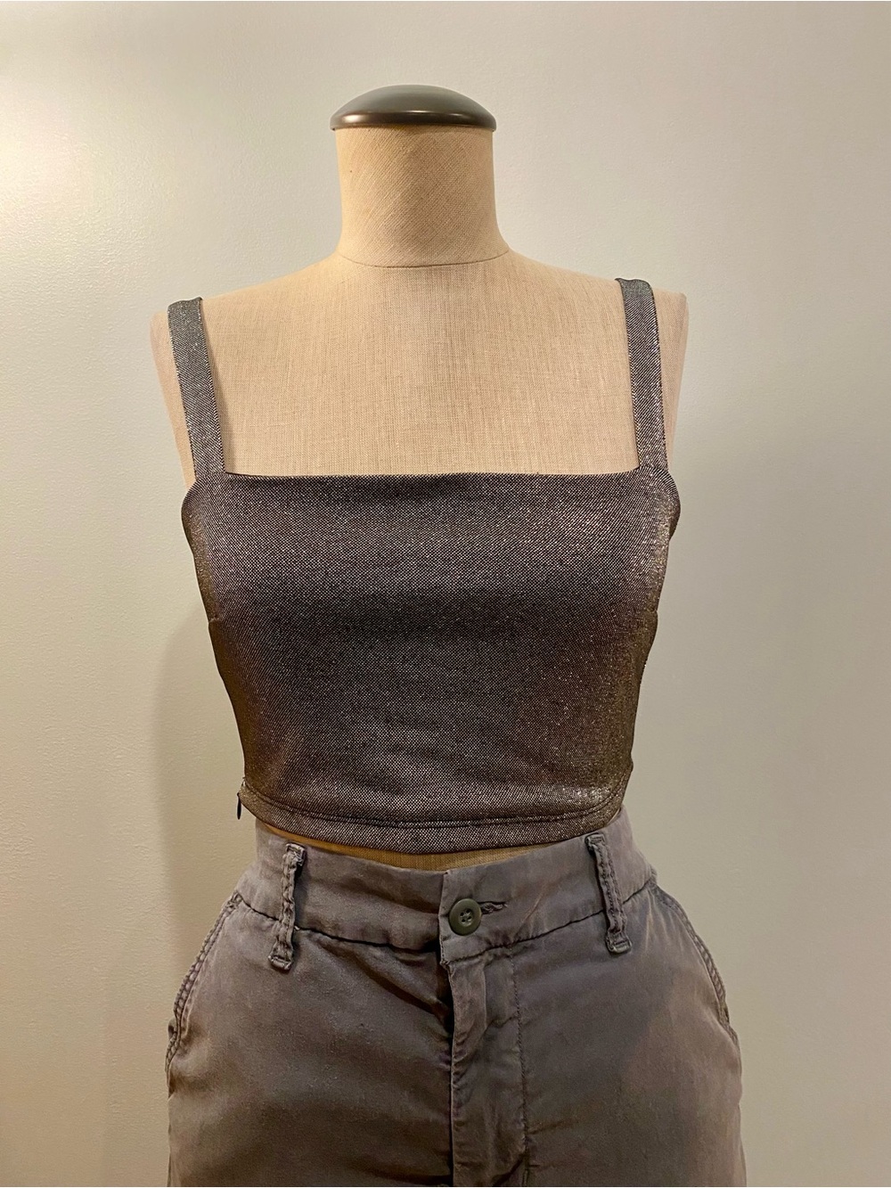 Bershka Women's Metallic Gray Square-Neck Crop Tank Top. Size S